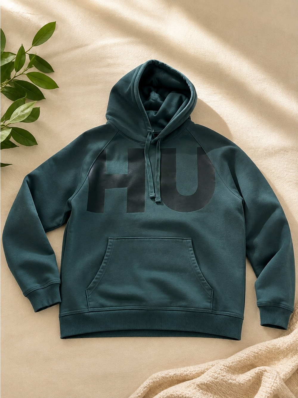 HUGO Deep Teal Crewneck Hoodie with Tonal HU Graphic